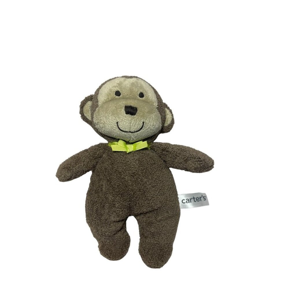 Carter's Baby Brown MONKEY Plush Rattle Toy Green Ribbon‎ Bow 61230